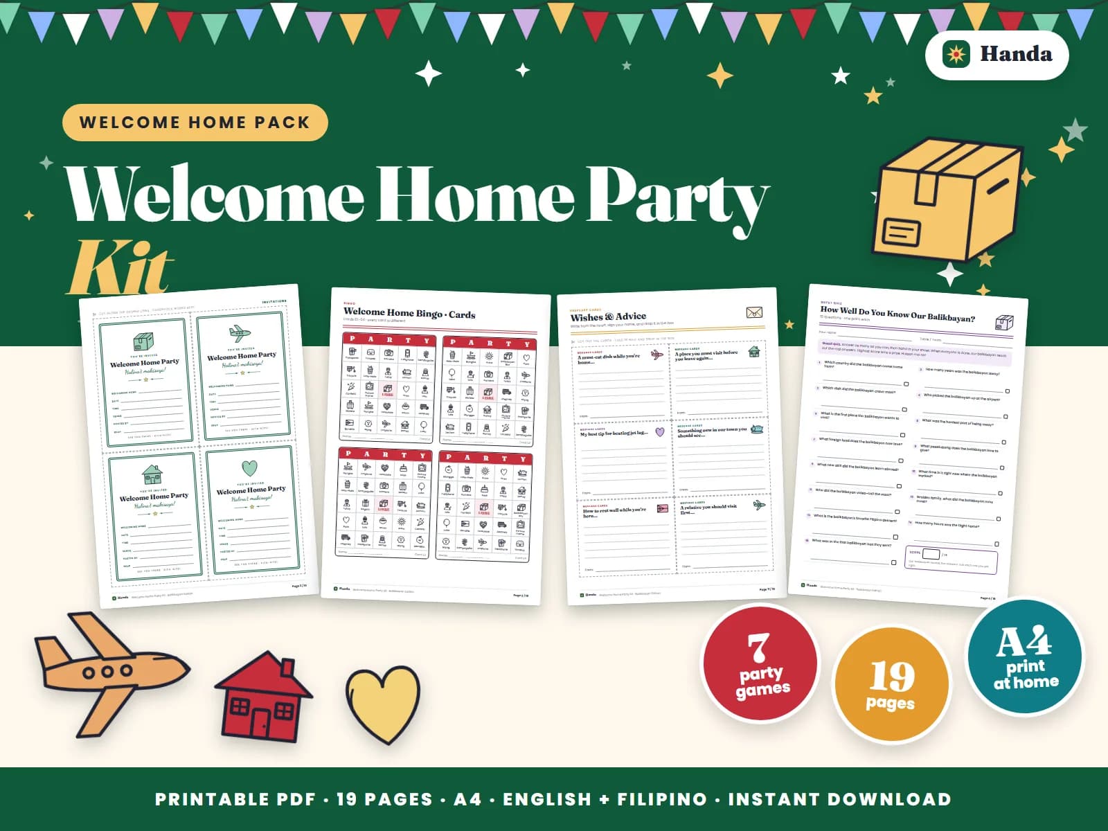 Invitations, a balikbayan quiz, bingo, message cards, guest book, signs and awards.