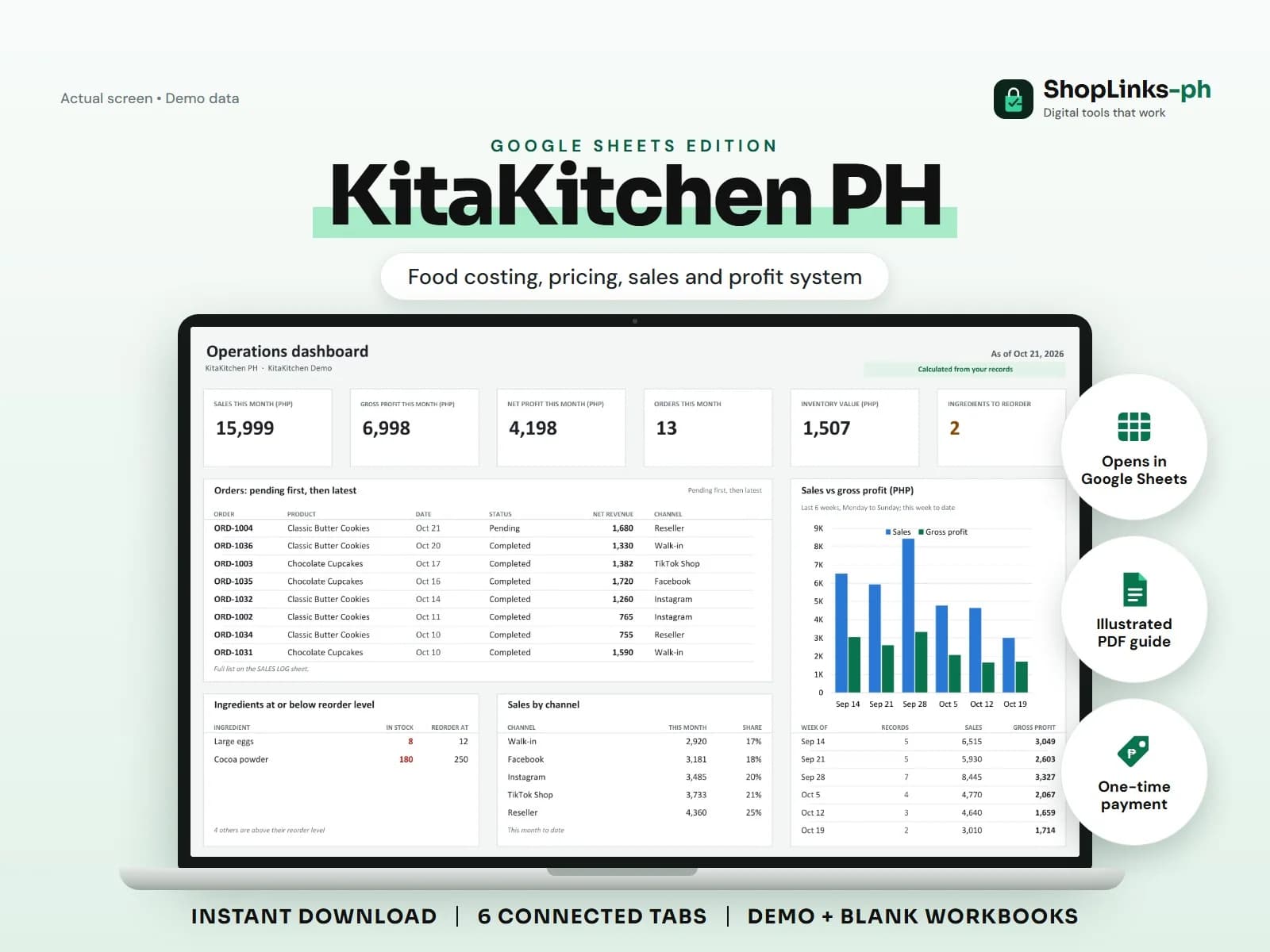A connected food-costing and profit workbook for Google Sheets.