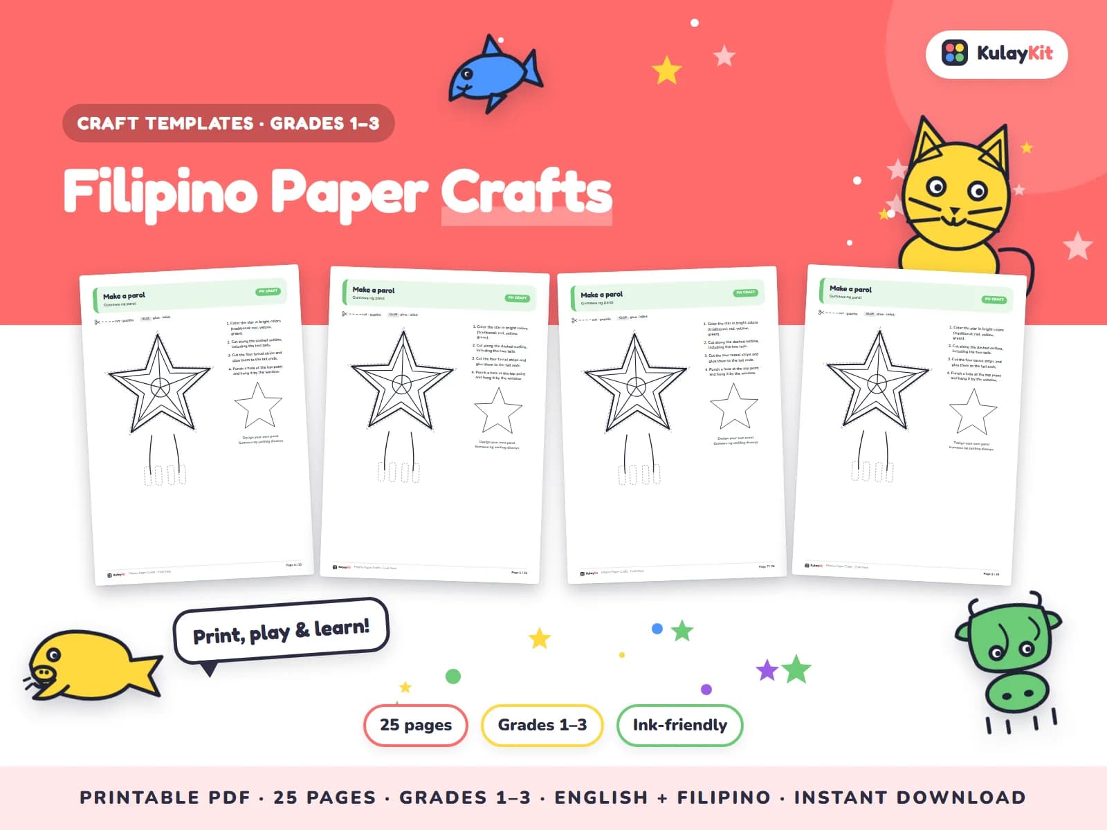Cut, fold, and glue paper crafts.