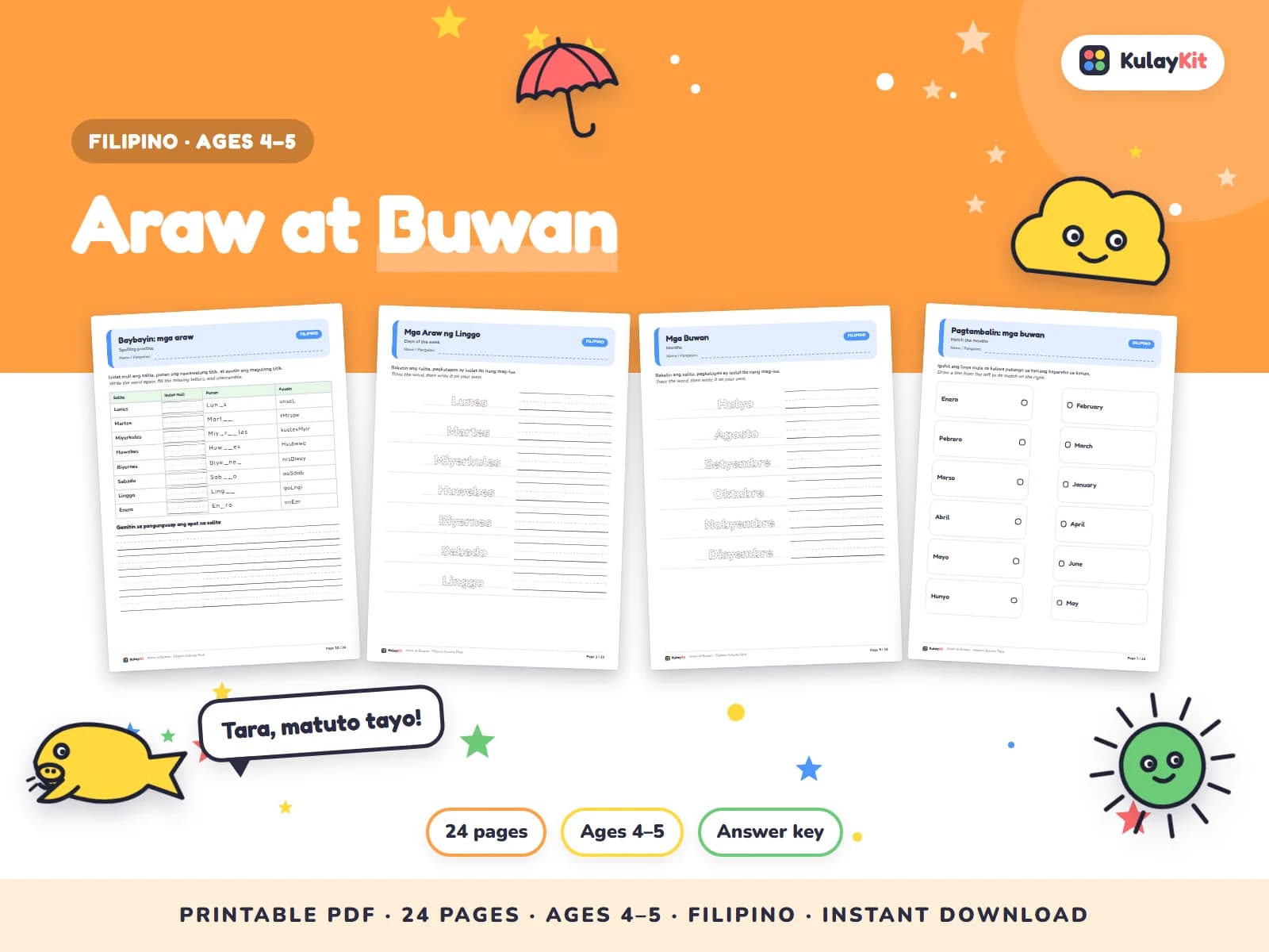 Wikang Filipino worksheets written in natural, correct Filipino.