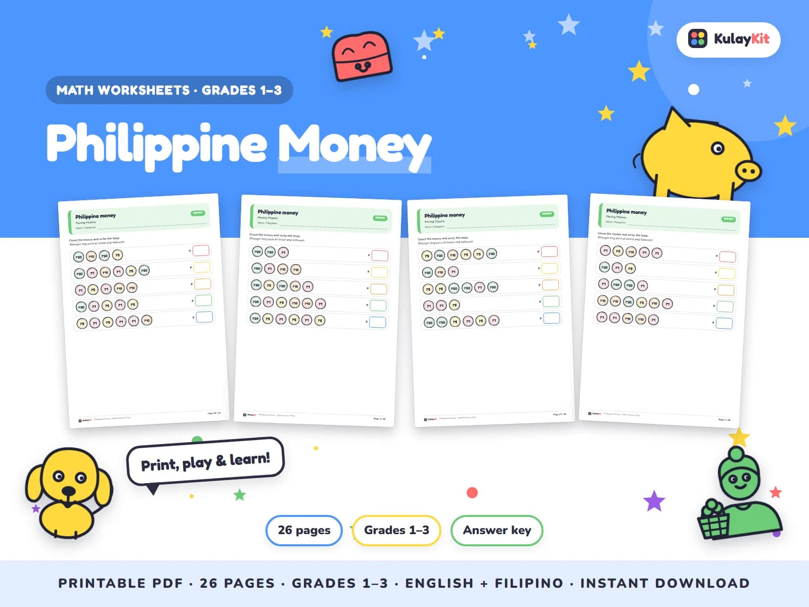 Math practice with clear drills, pictures, and Philippine money.