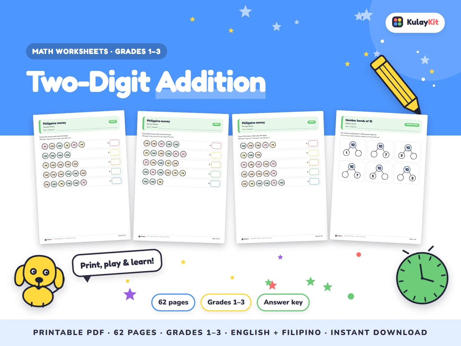 Math practice with clear drills, pictures, and Philippine money.