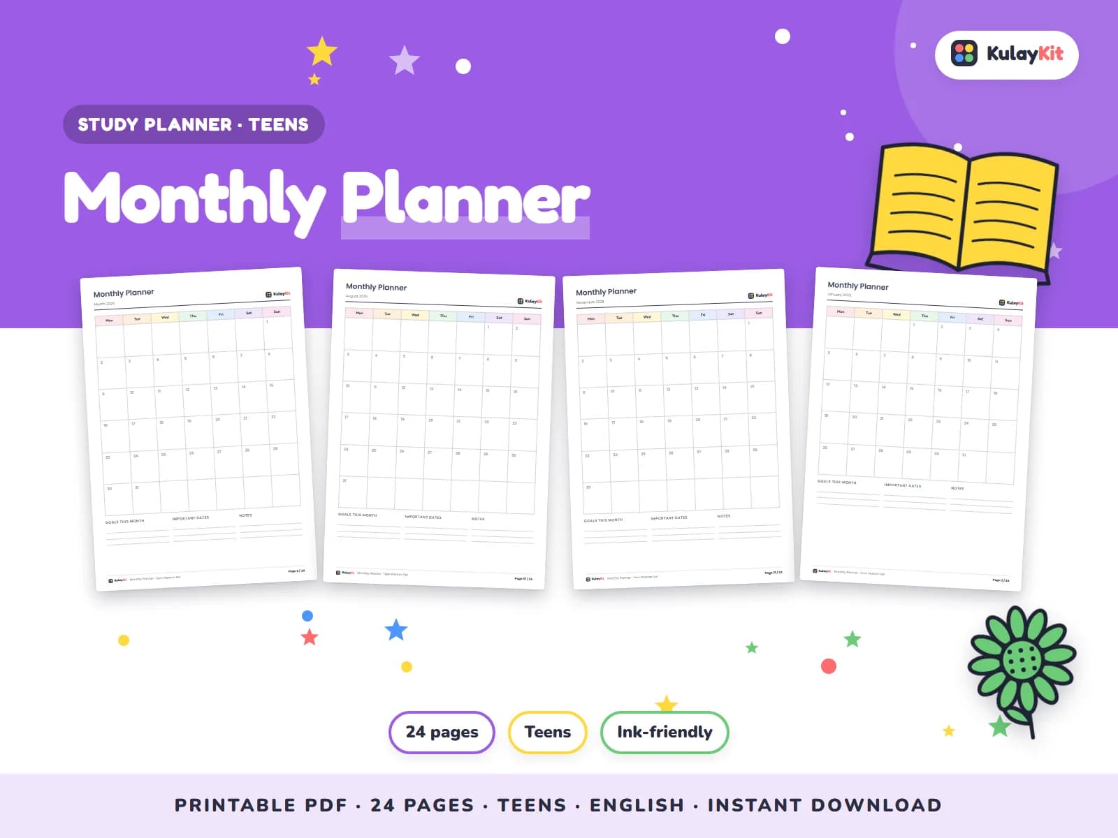 Clean, minimal planner pages for students.