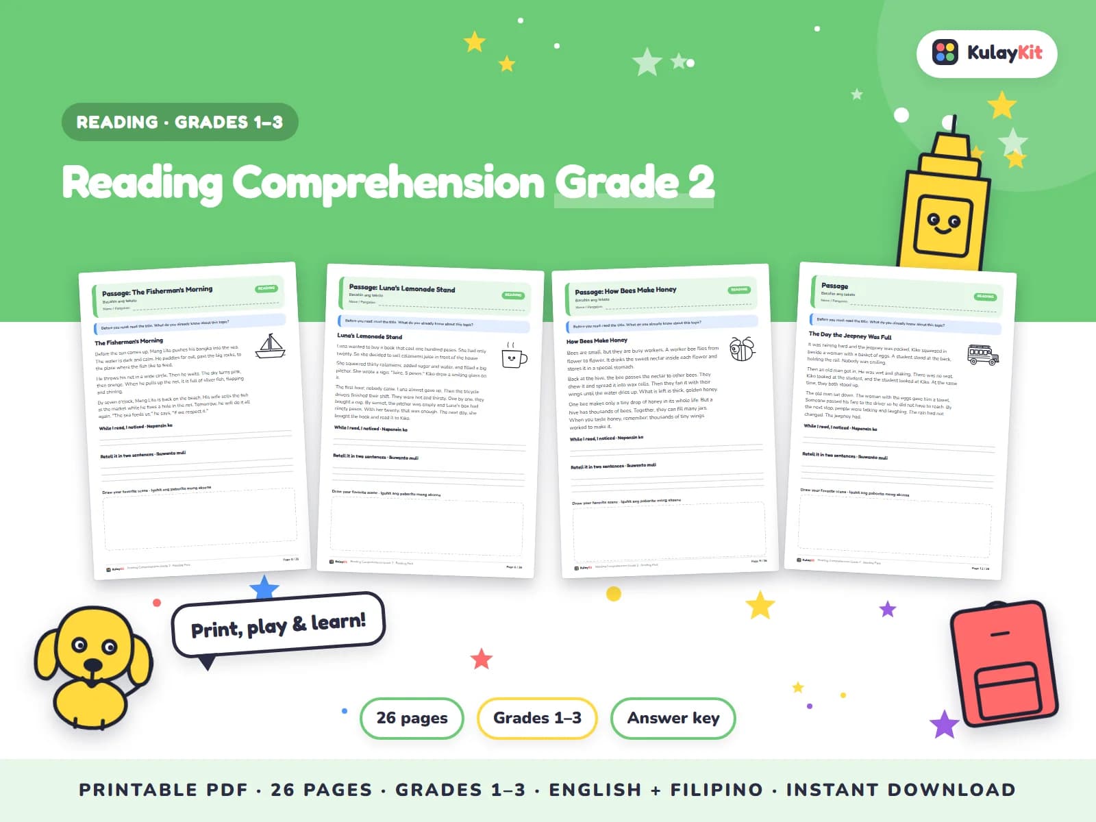Original stories and passages with comprehension questions.