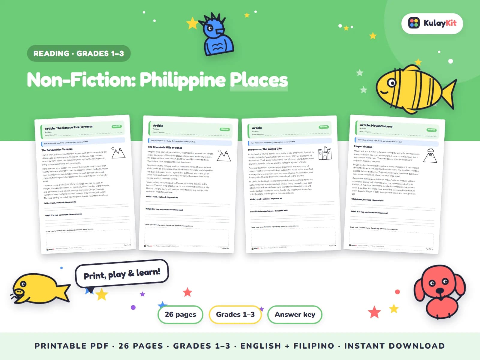 Original stories and passages with comprehension questions.