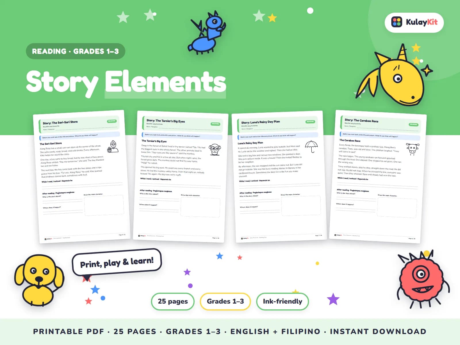 Original stories and passages with comprehension questions.