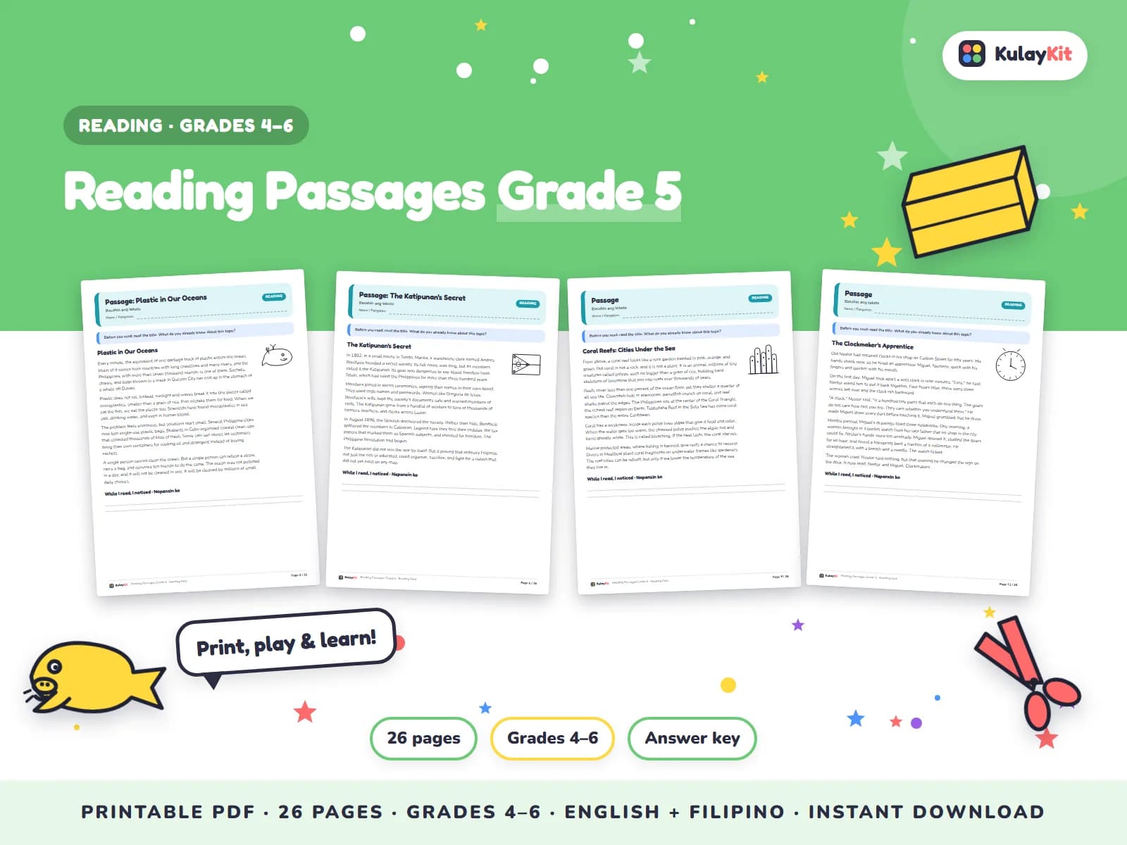 Original stories and passages with comprehension questions.