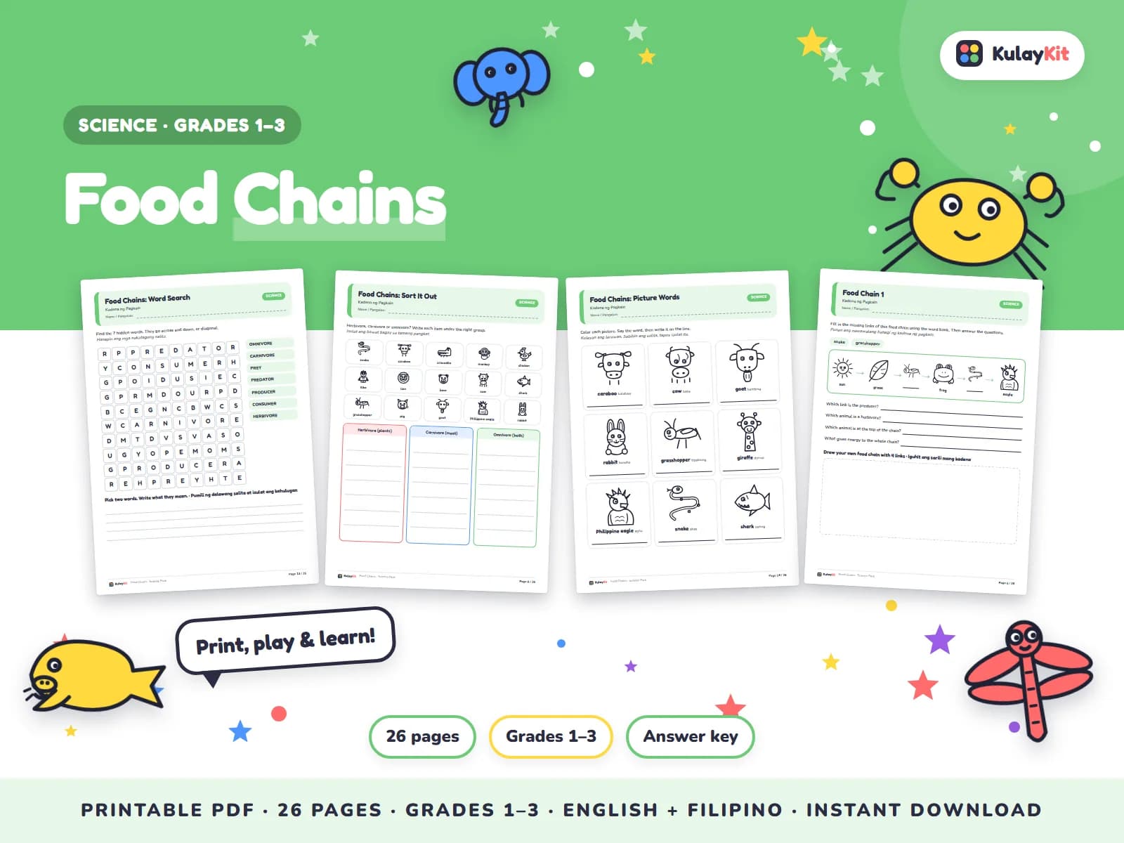 Science pages with diagrams, sorting, and quizzes.