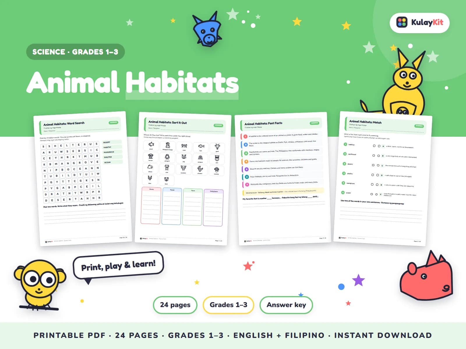 Science pages with diagrams, sorting, and quizzes.