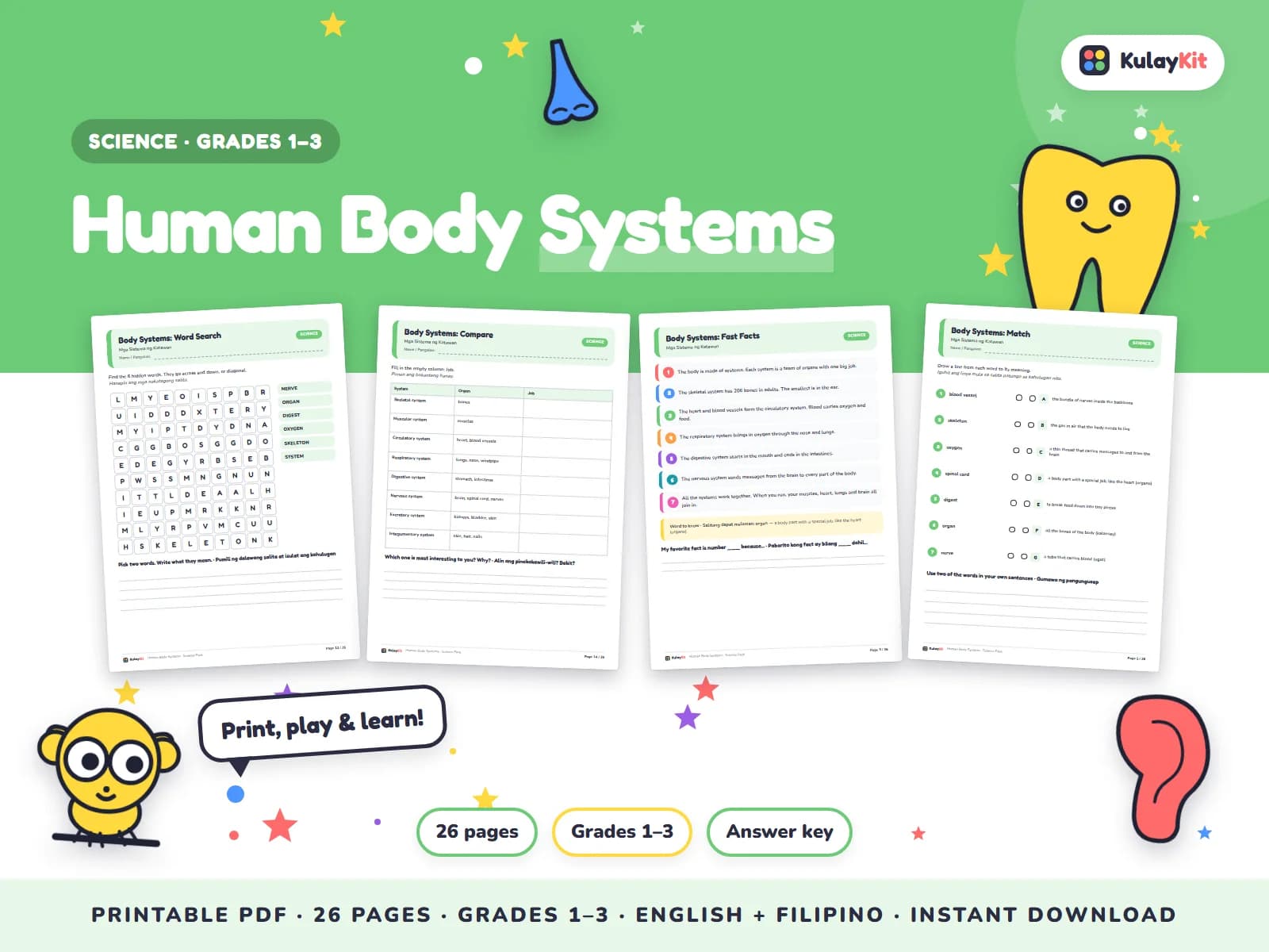 Science pages with diagrams, sorting, and quizzes.