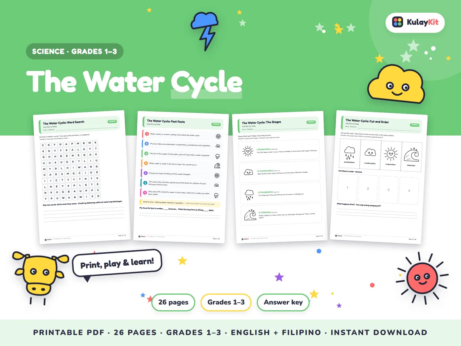 Science pages with diagrams, sorting, and quizzes.