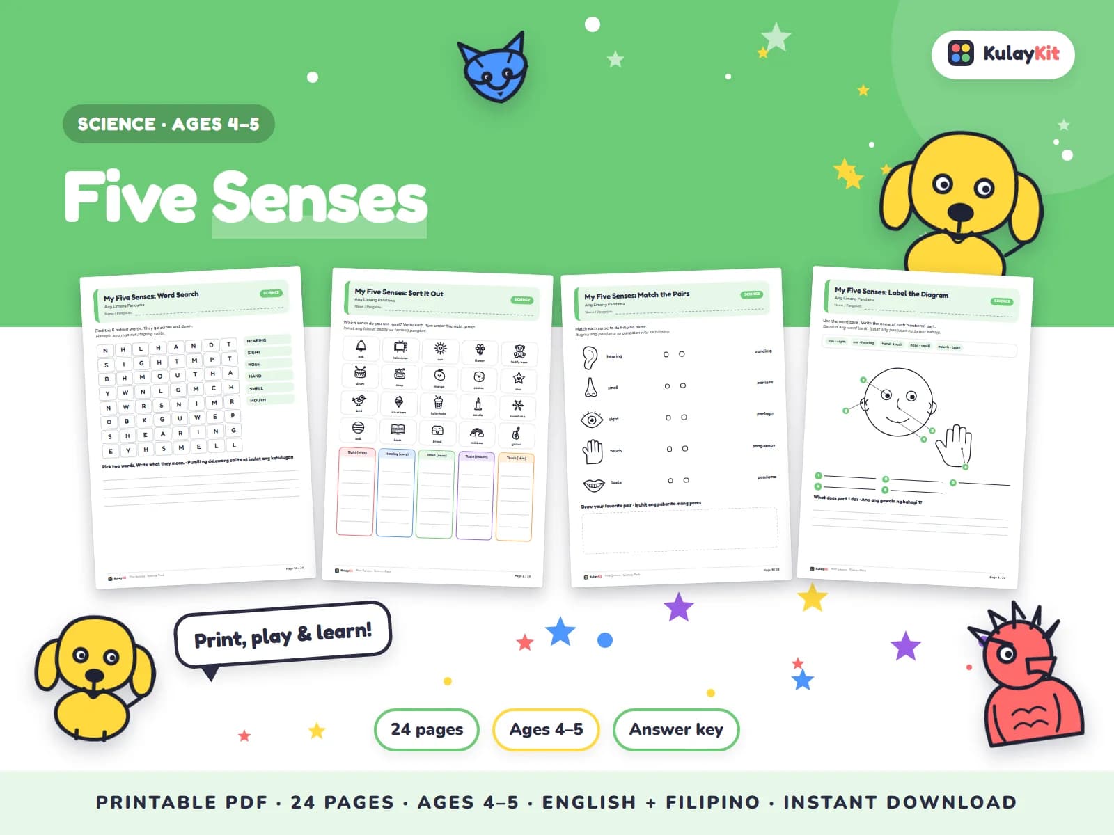 Science pages with diagrams, sorting, and quizzes.