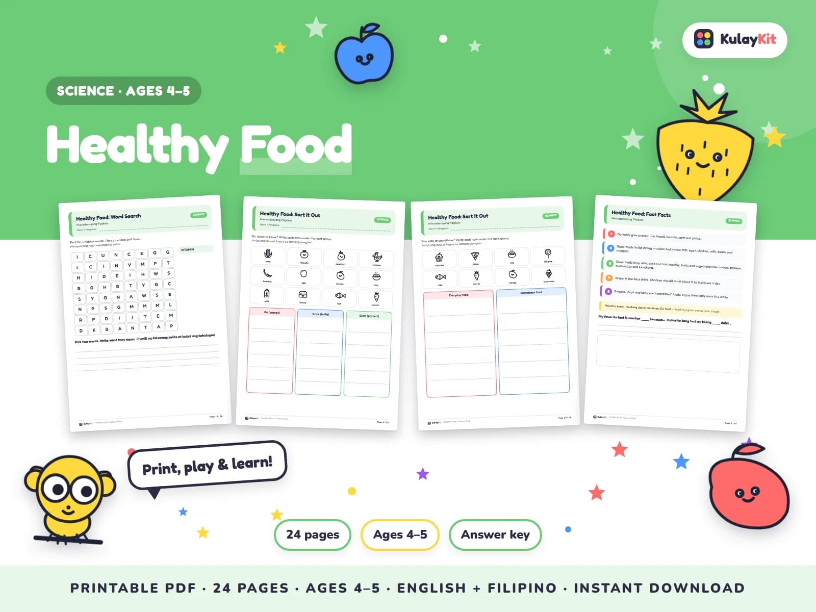 Science pages with diagrams, sorting, and quizzes.