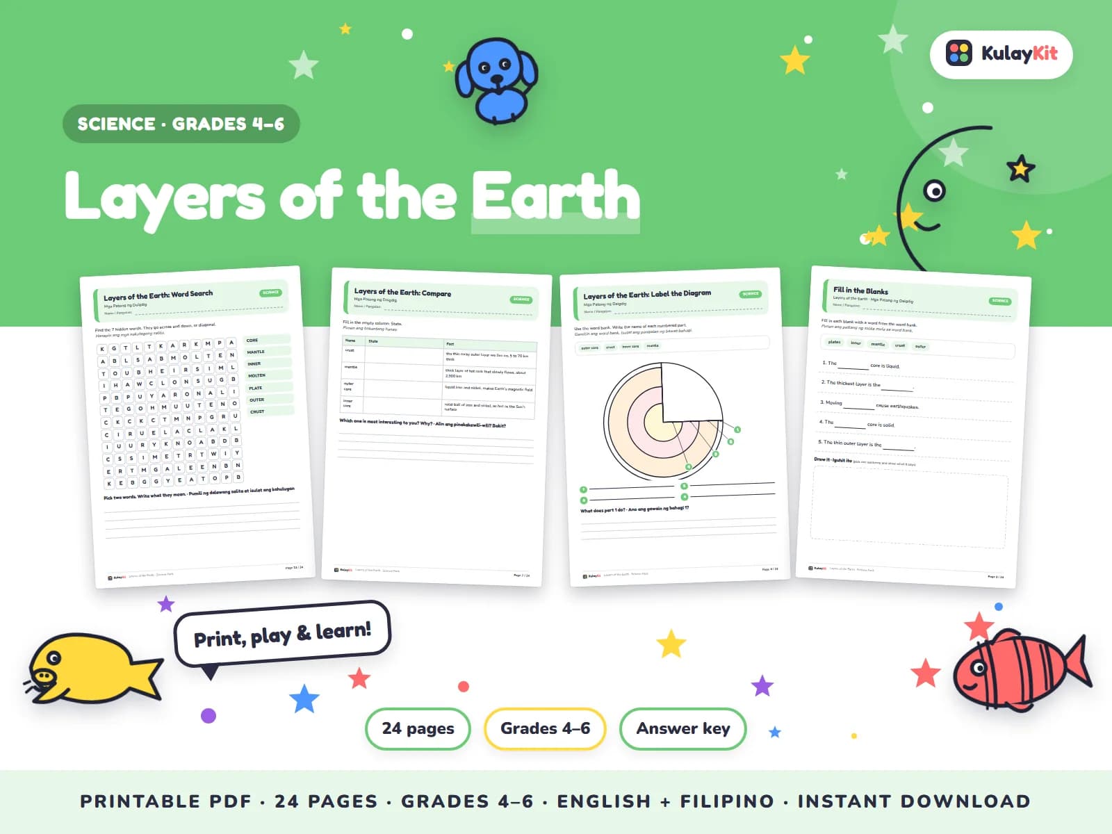 Science pages with diagrams, sorting, and quizzes.