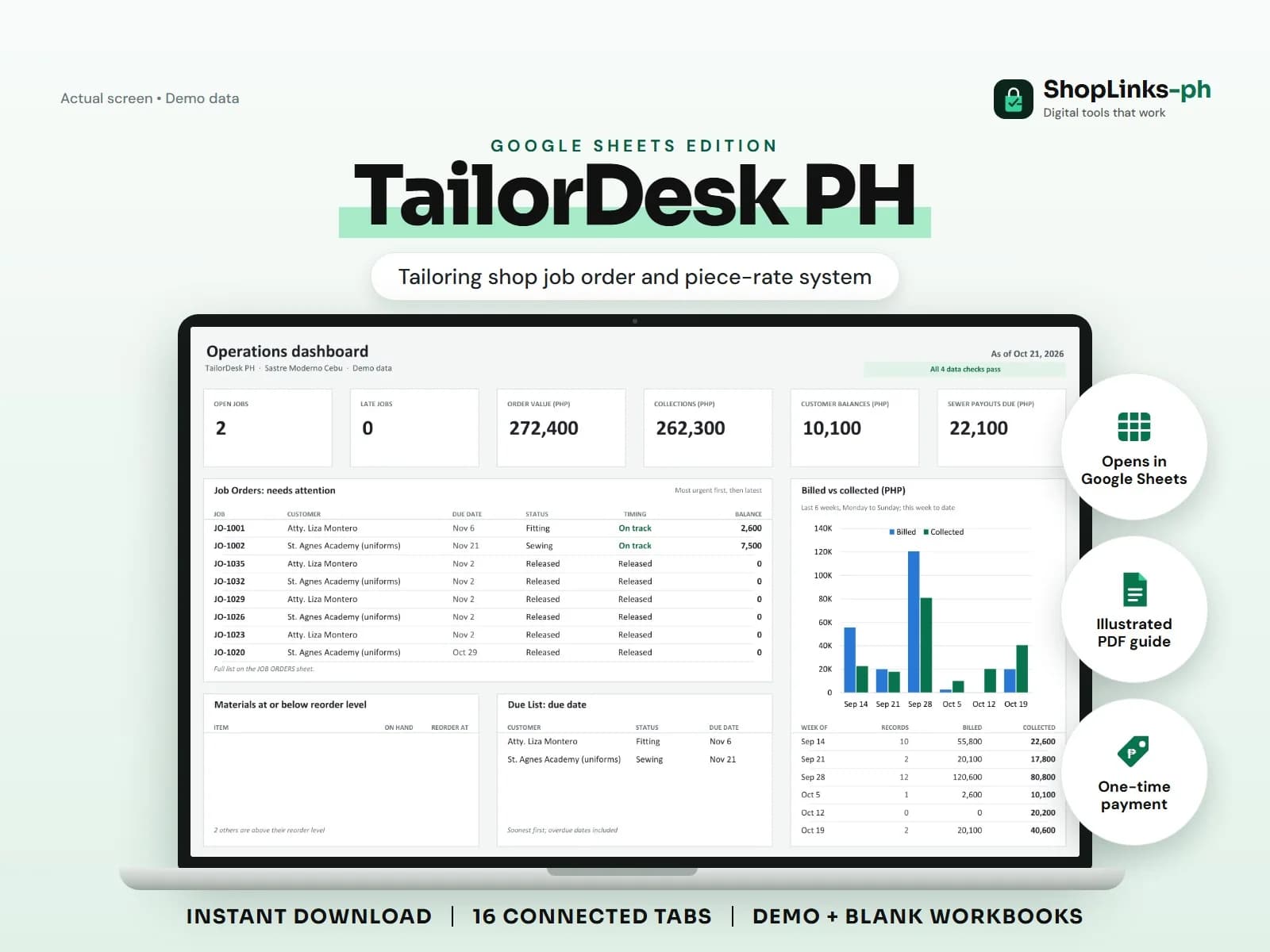 Every job order, measurement, fabric meter, and sewer payout in one workbook.